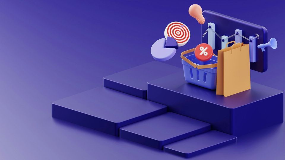 3D-illustratie van winkelmandje, boodschappentas en kortingssymbool op trappodium.