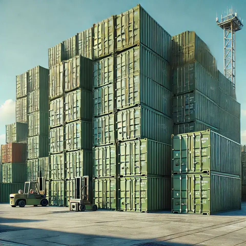A high-definition image of a group of green shipping containers stacked in a large industrial yard. The containers are arranged in neat rows, with som