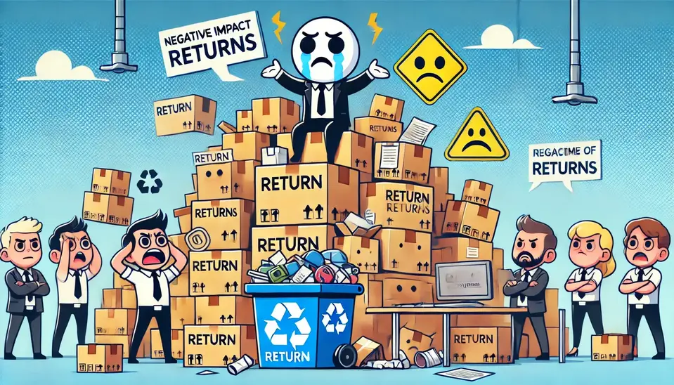 DALL·E 2024-08-13 11.58.06 - A professional yet playful cartoon-style illustration depicting the large negative impact of returns. Show an overwhelming number of return packages p