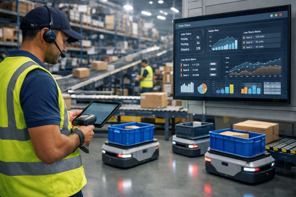 EHI Trendreport - In modern fulfilmentcentrum komen mens, automatisering en datasturing samen (AI-gegenereerd)