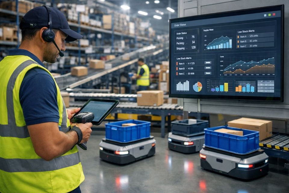 EHI Trendreport - In modern fulfilmentcentrum komen mens, automatisering en datasturing samen (AI-gegenereerd)