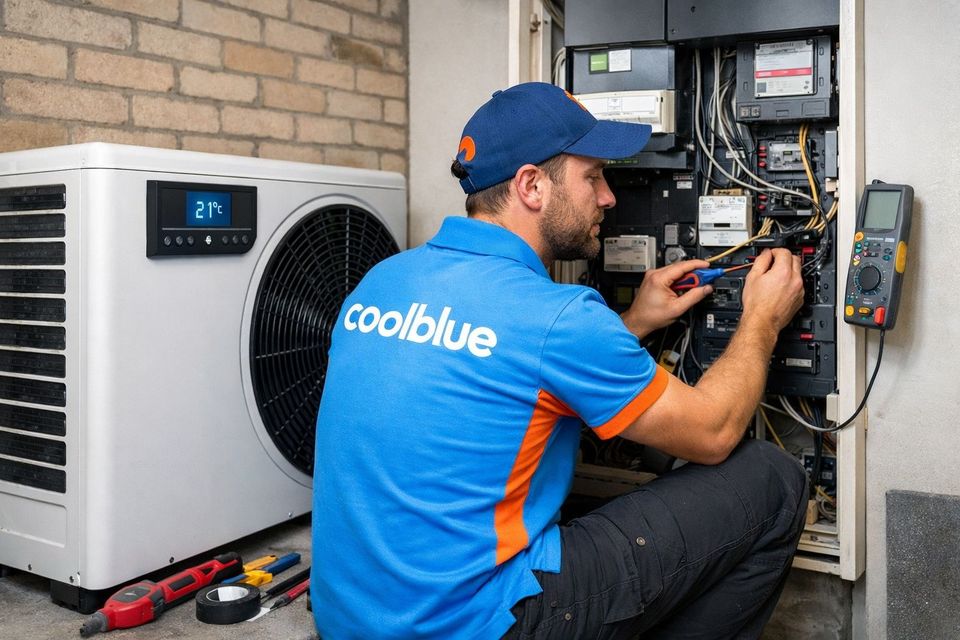 Een Coolblue-bezorger werkt aan de meterkast (AI gegenereerd)
