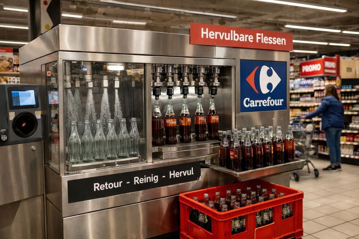 Een fles-vulstation in een Carrefour winkel (AI gegenereerd)