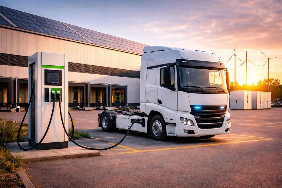 Elektrische vrachtwagen aan de snellader (AI-gegenereerd)