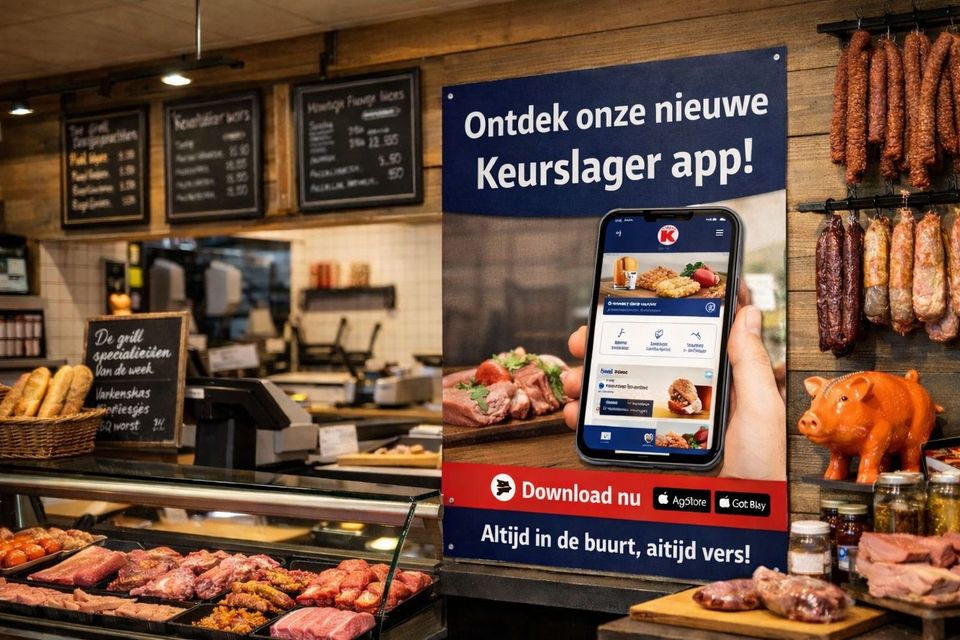 Keurslager app, poster in winkel (AI gegenereerd)