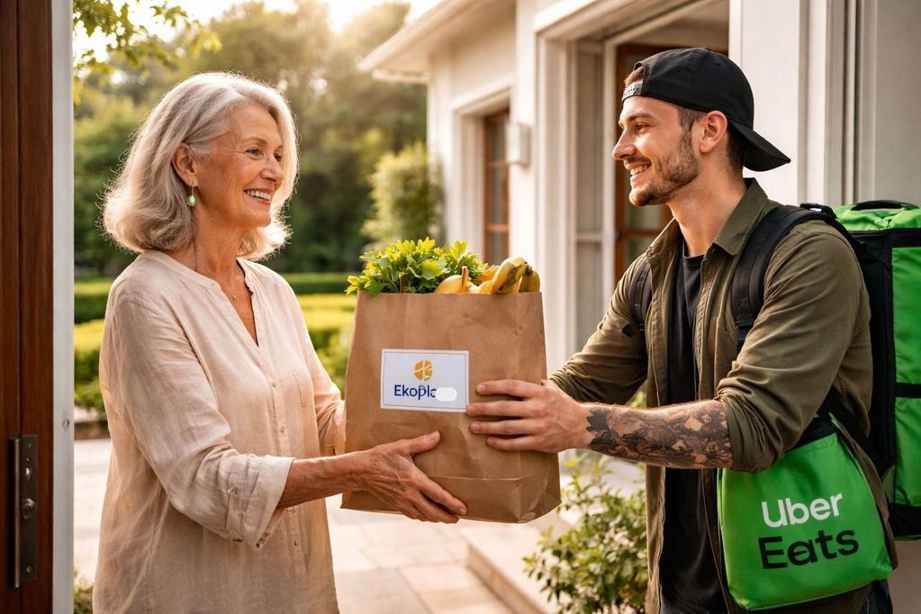 Klant neemt Ekoplaza bestelling aan van een Uber-bezorger (AI-gegenereerd)2