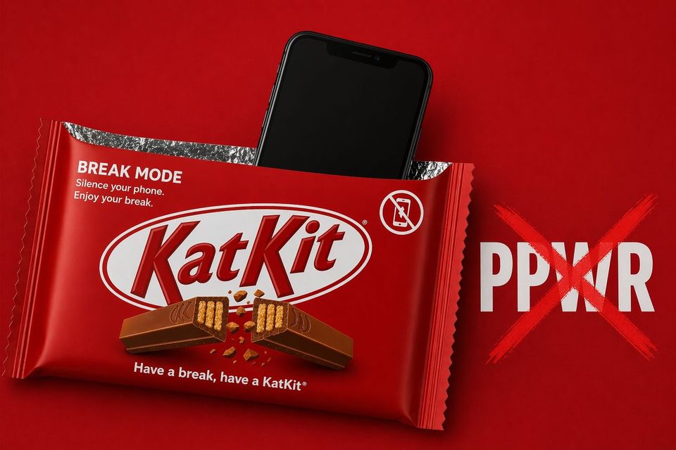 Mobieltje past in verpakking, even een break (AI gegenereerd)