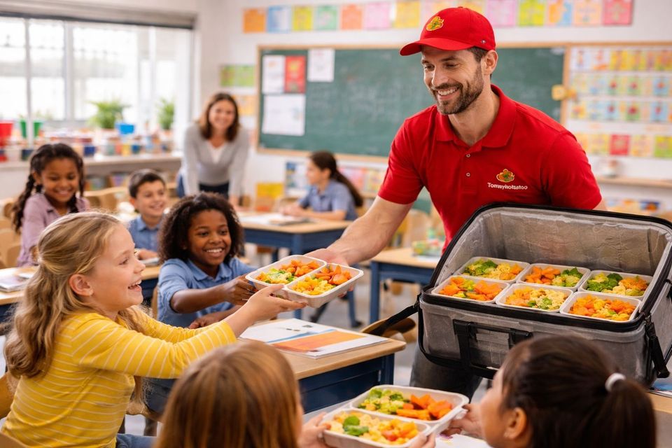 TommyTomato breng lunches in de schoolklas (AI gegenereerd)