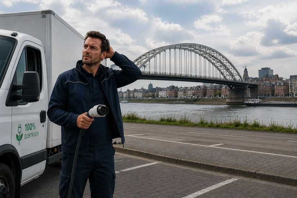 Vrachtwagenchauffeur zoekt bij Nijmegen naar laadplein (AI gegenereerd)