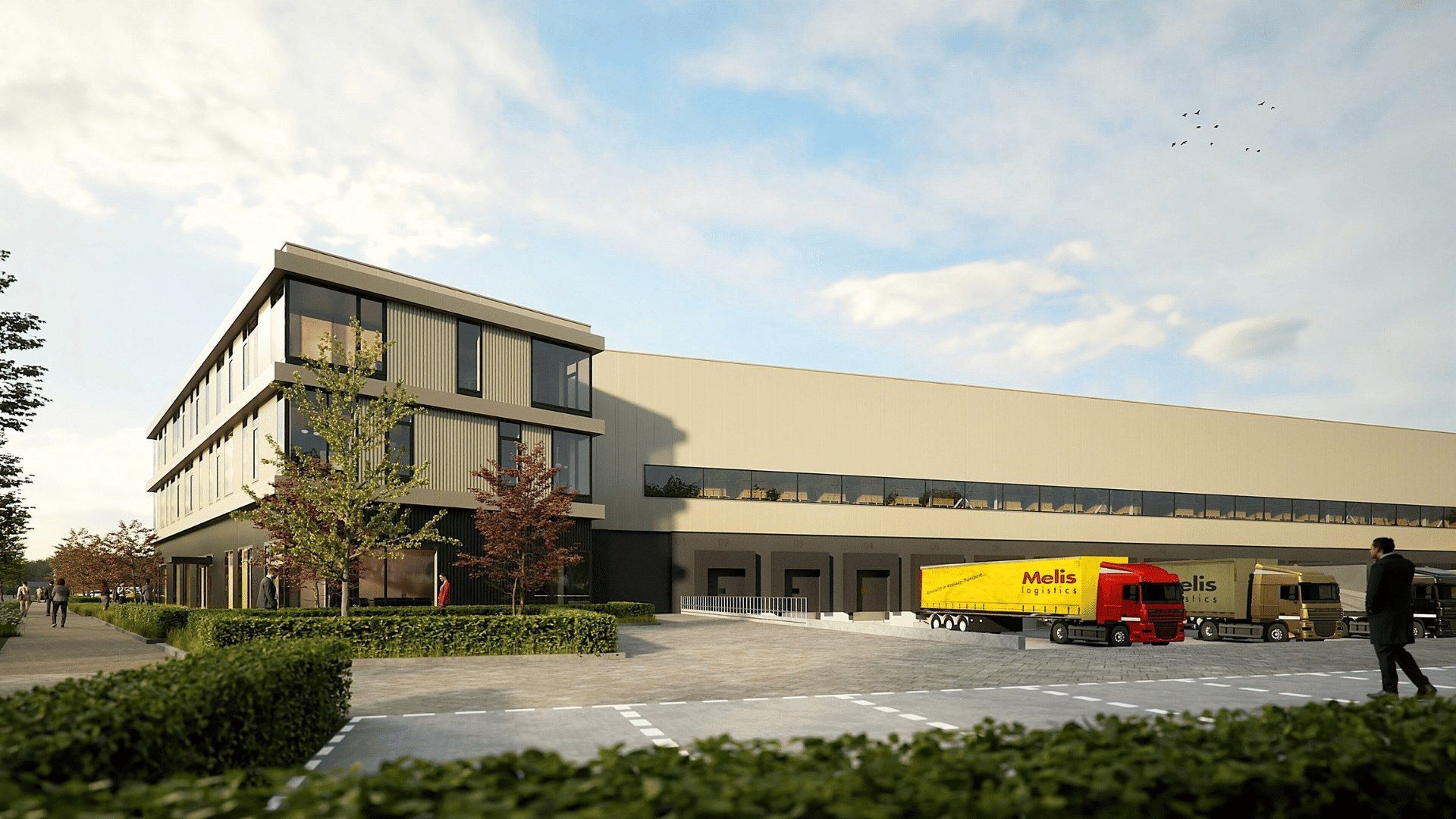 Artist impression gevel nieuw warehouse Melis Logistics met vrachtwagens