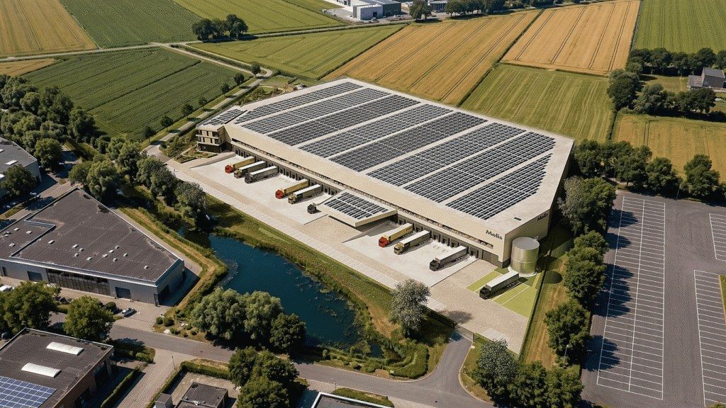Luchtperspectief artist impression nieuw warehouse Melis Logistics Duiven