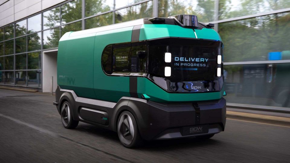 Groen elektrisch autonoom bezorgvoertuig BOW. rijdt op straat.
