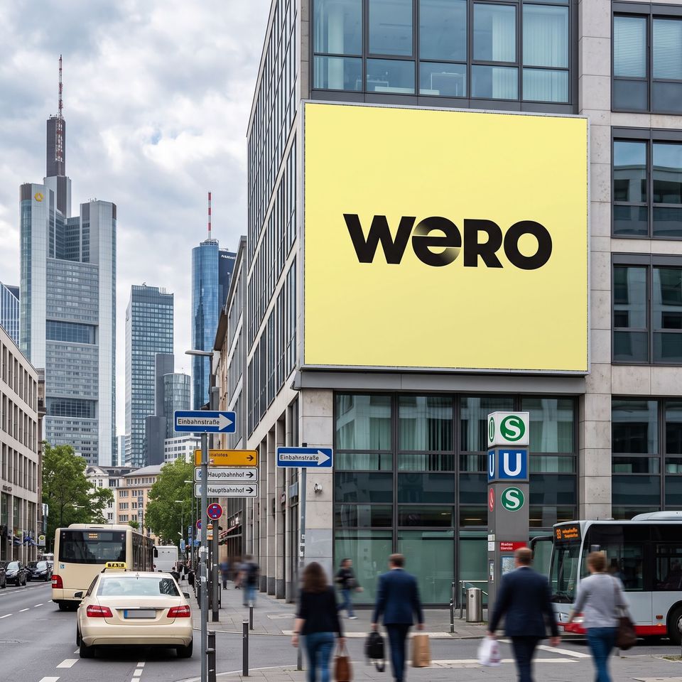 Wero-logo op groot geel billboard aan Duitse stadsstraat.