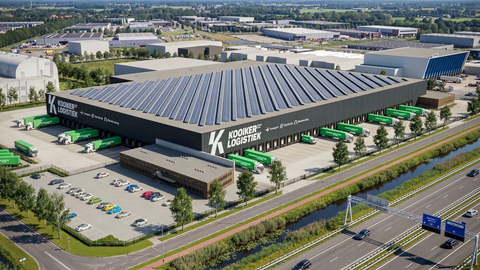 Luchtaanzicht visualisatie distributiecentrum Kooiker Logistiek Heerenveen met zonnepanelen.