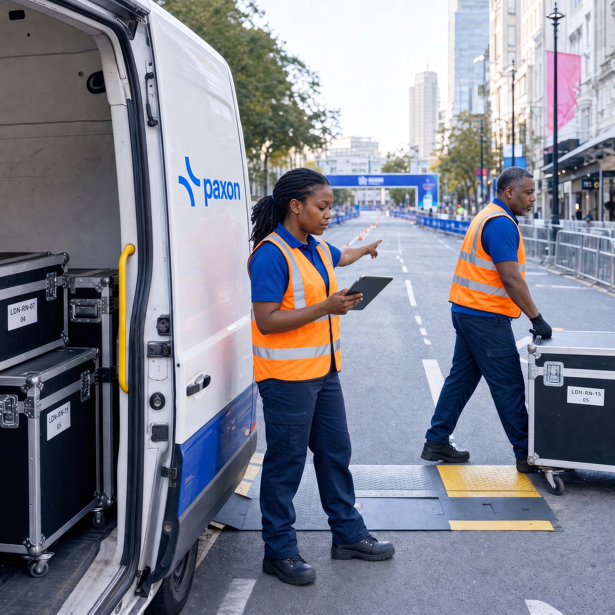 Twee Paxon-medewerkers lossen flightcases uit bestelbus op straat
