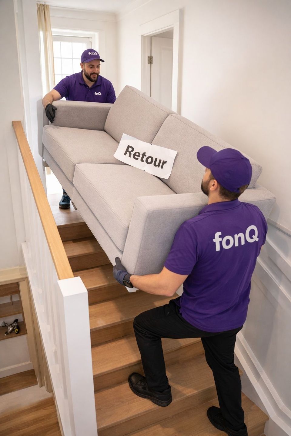 fonQ bezorgers nemen een retour mee (AI-gegenereerd)