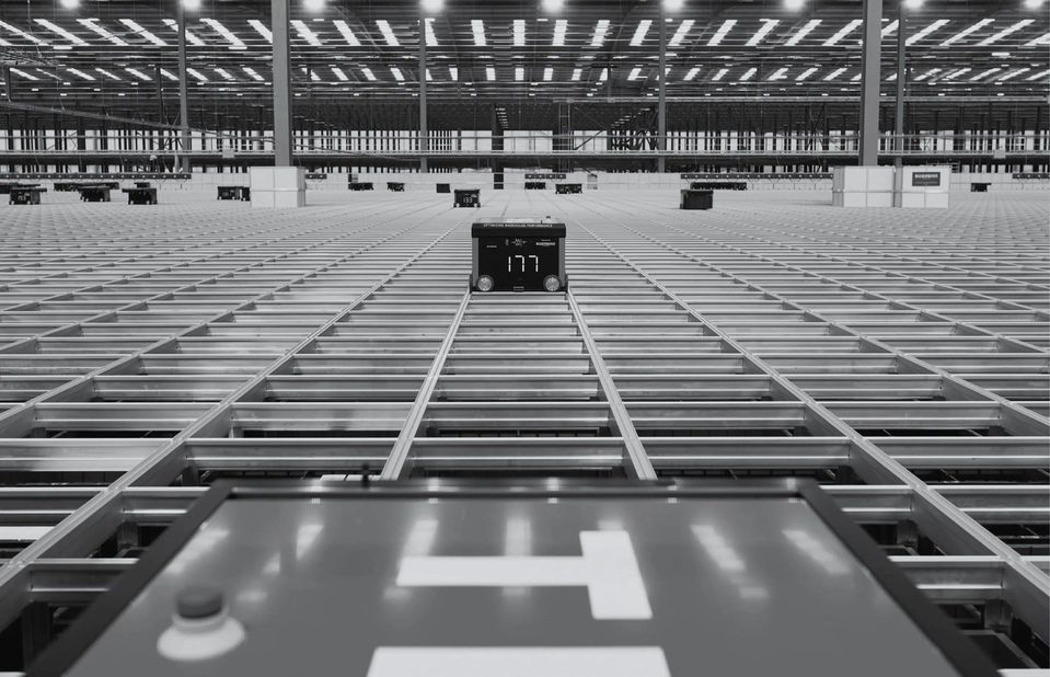 Robot op railsysteem in groot geautomatiseerd fulfilmentmagazijn, zwart-wit.