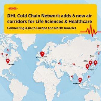 Infographic wereldkaart DHL Cold Chain Network zes nieuwe luchtcorridors.