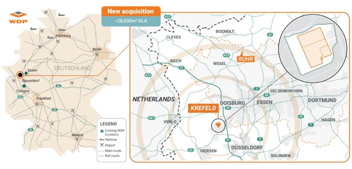 Kaart met locatie WDP-acquisitie in Krefeld, Rijn-Ruhrregio.