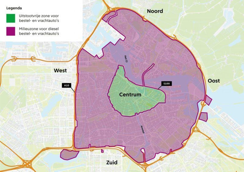Kaart van Amsterdam met uitstootvrije zone en milieuzone voor vrachtverkeer.