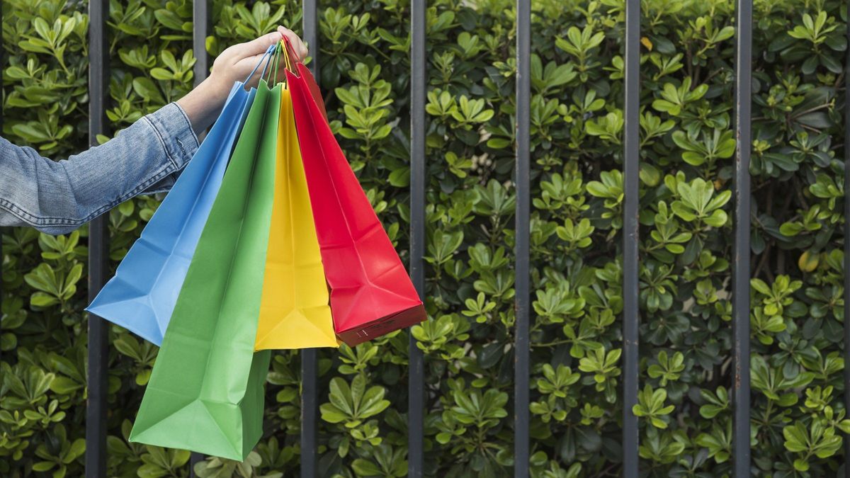 Hand met vier kleurrijke papieren shoppingtassen voor groen hek.