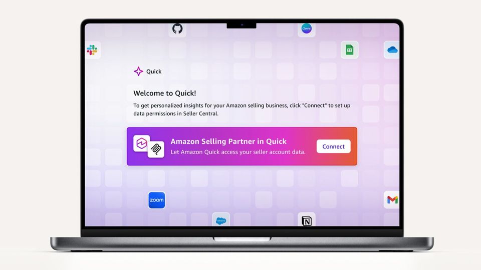 Laptop met Amazon Quick-scherm en knop om Seller Central te koppelen.