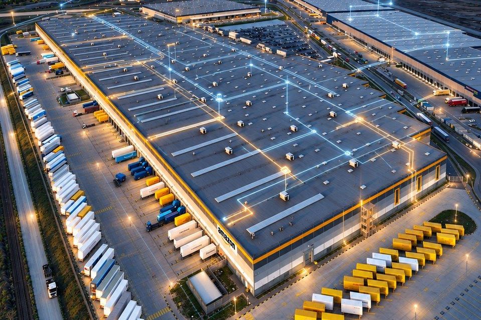 Luchtfoto van distributiecentrum met gesimuleerde digitale connectiviteitslijnen op het dak.