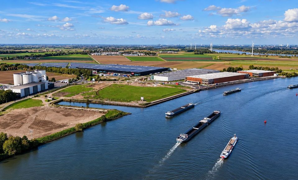 Luchtfoto logistiek complex Puttershoek aan rivier met binnenvaartschepen.