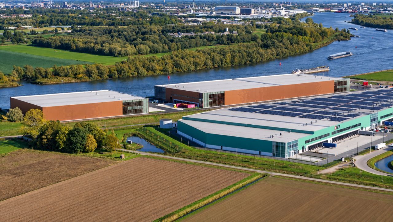 Luchtfoto logistiek complex Puttershoek met twee gebouwen langs rivier