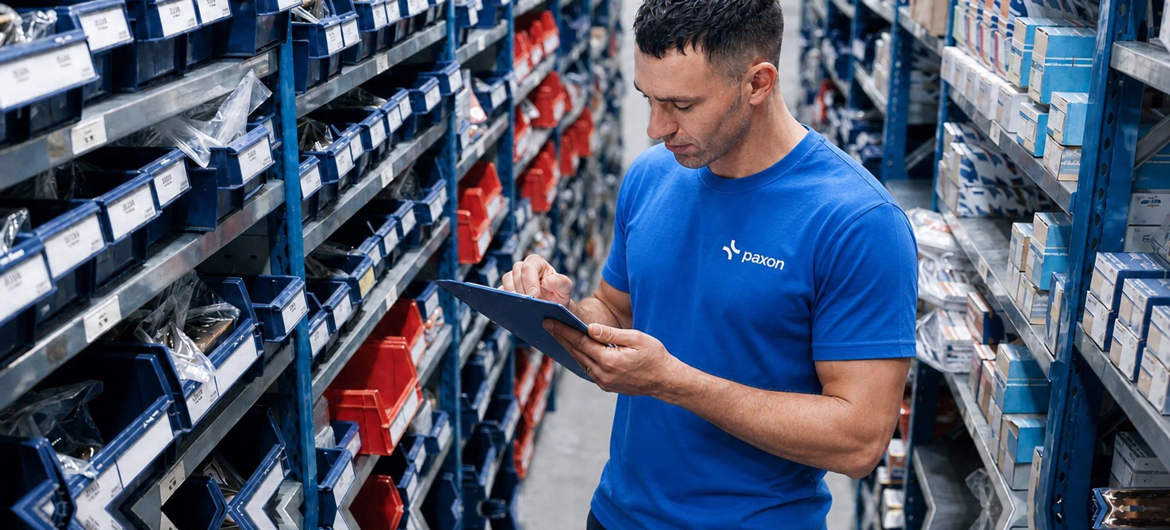 Paxon-medewerker met tablet tussen magazijnschappen met onderdelen