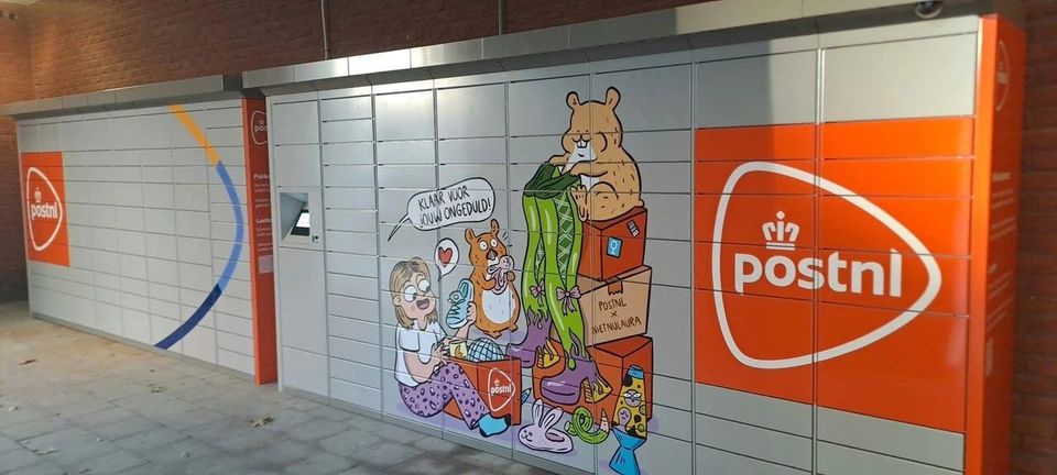 PostNL-pakjesautomaat met kleurrijke illustratie van cartoonist Niet Nu Laura en hamsters.