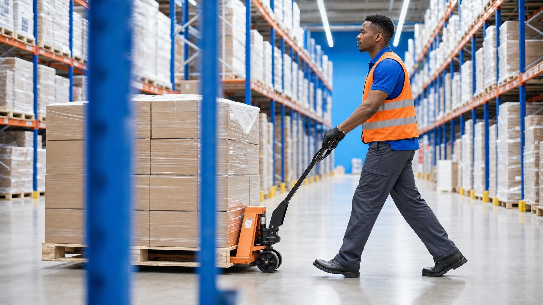 Magazijnmedewerker trekt pallet met dozen door distributiecentrum