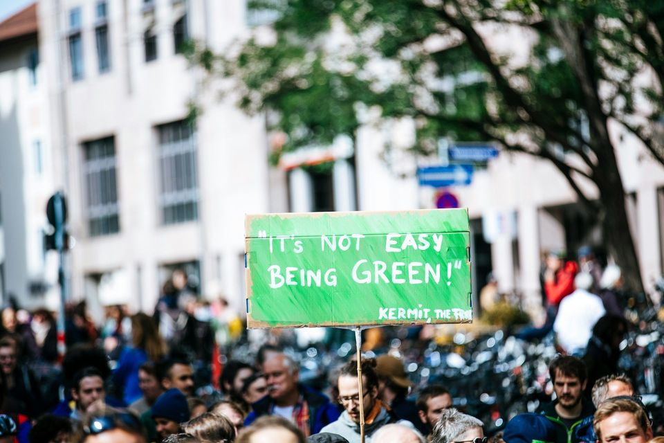 Groen protestbord over duurzaamheid omhooggehouden in menigte op straat.