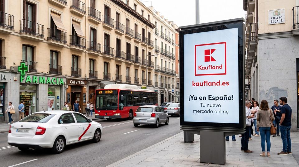 Reclamebord met Kaufland-logo en tekst 'Ya en España' op Spaanse straathoek.