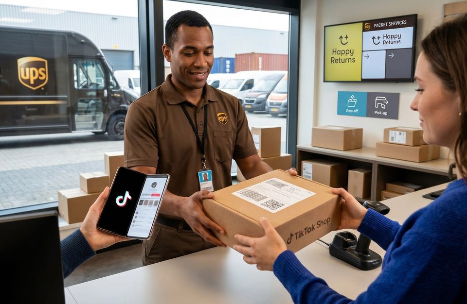 UPS-medewerker neemt TikTok Shop-retourpakket aan bij servicebalie.