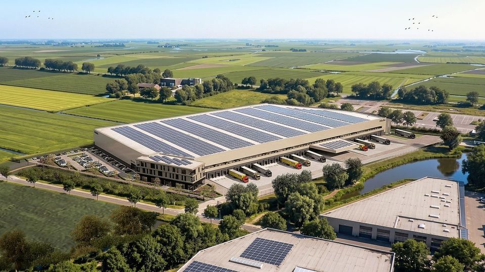 Vogelperspectief artist impression warehouse met zonnepanelen dak en laaddoks.