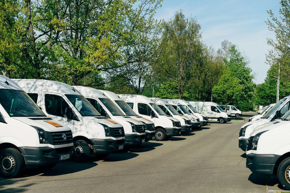 Rij witte bestelwagens geparkeerd op een parkeerterrein tussen bomen.