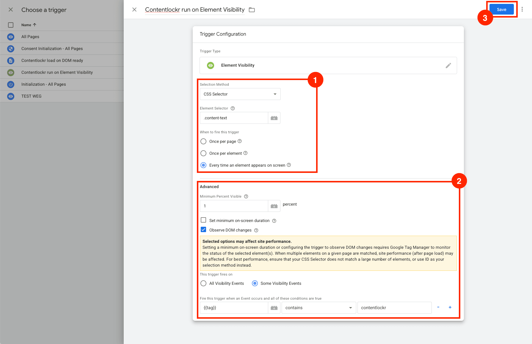 Element Visibility trigger configuration