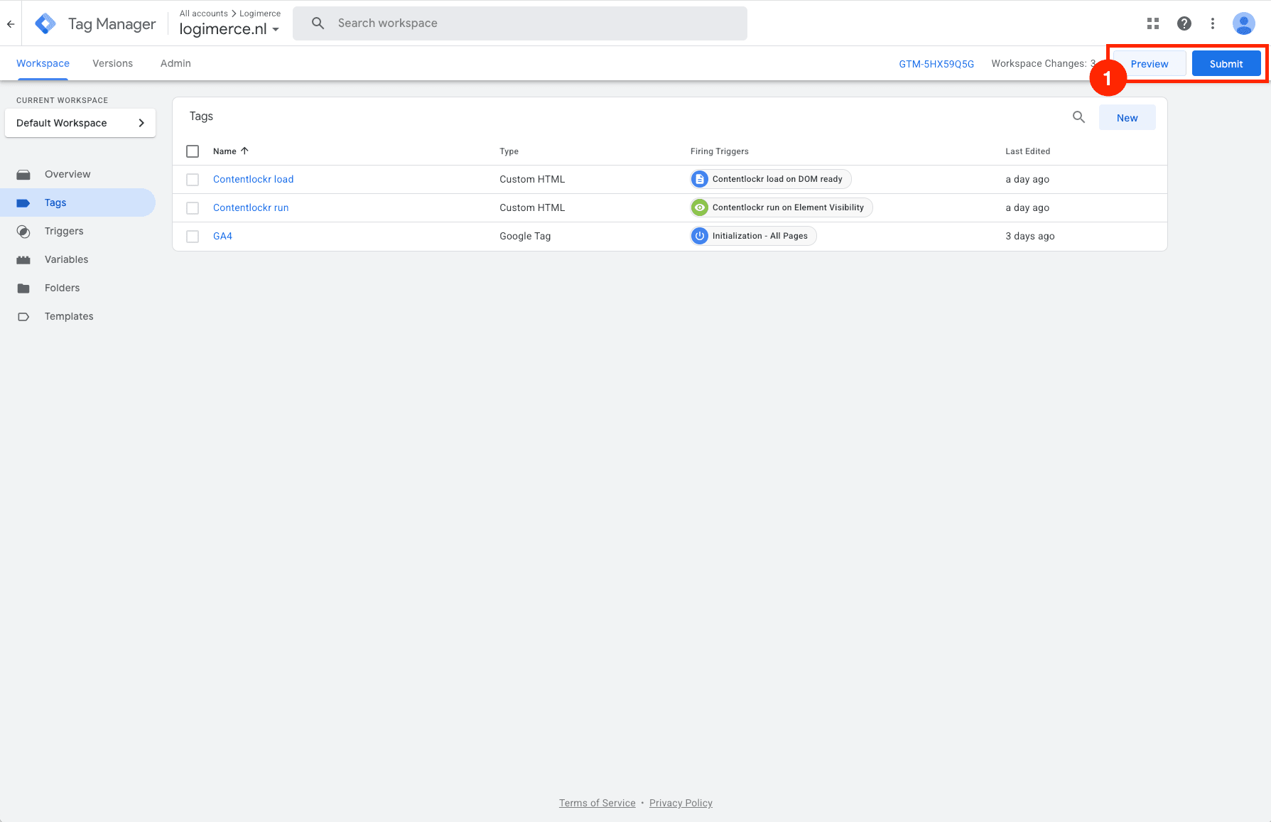 Preview and submit in GTM