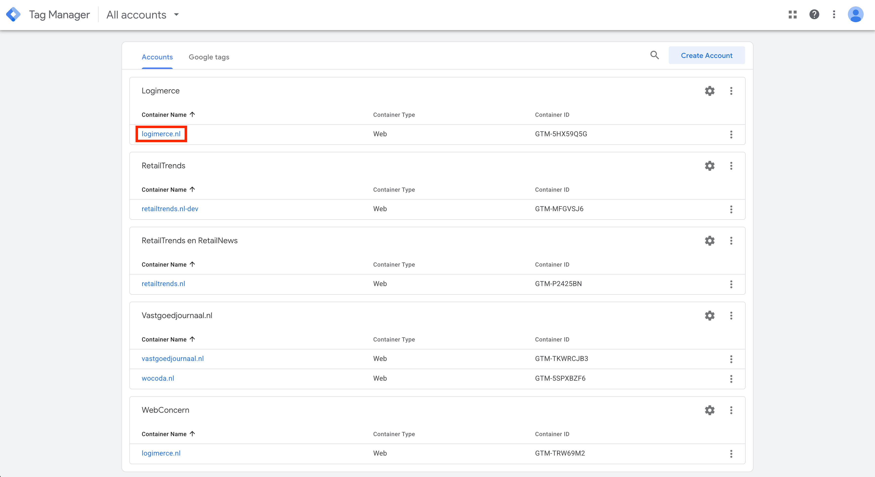 Select your GTM container